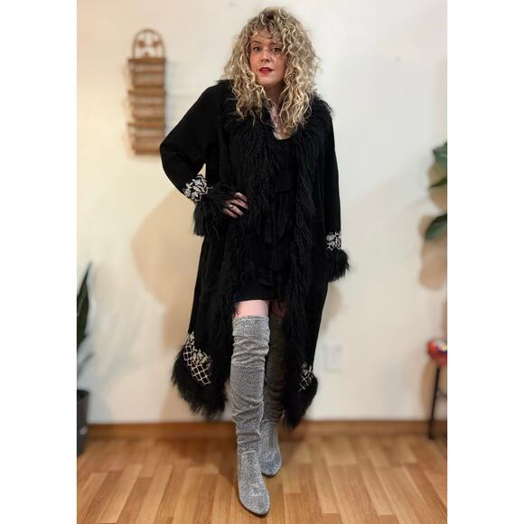 Y2K Leather & Fur Embroidered Penny Lane Coat size 30 - Picture 2 of 12